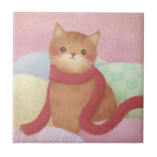 Katze mit rotem Schal Illustration Fliese