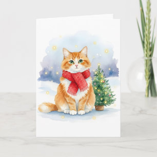 Katze mit rotem Schal und Weihnachtsbaum Aquarell Karte