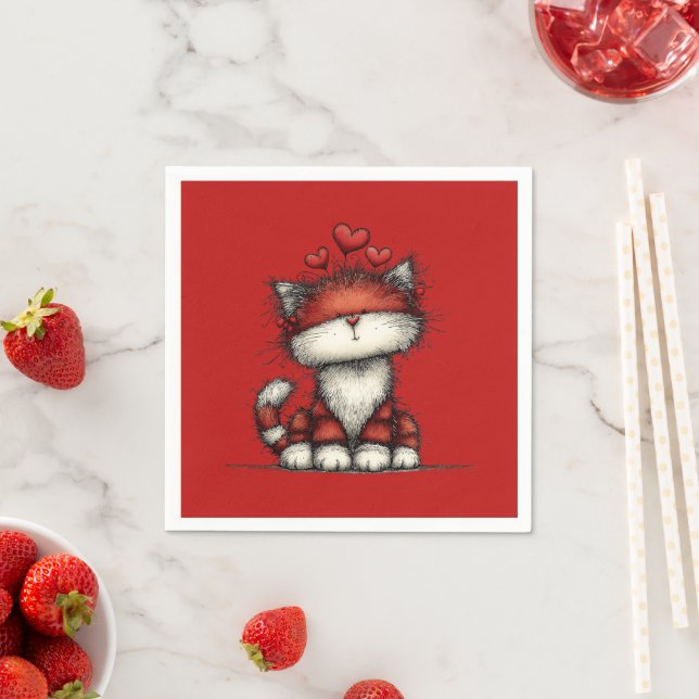 Katze mit roten Herzen Süß und Lustig Serviette (Beispiel)