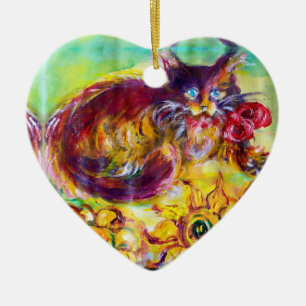 KATZE MIT ROTEN RIBBON UND SONNENBLUMEN KERAMIKORNAMENT