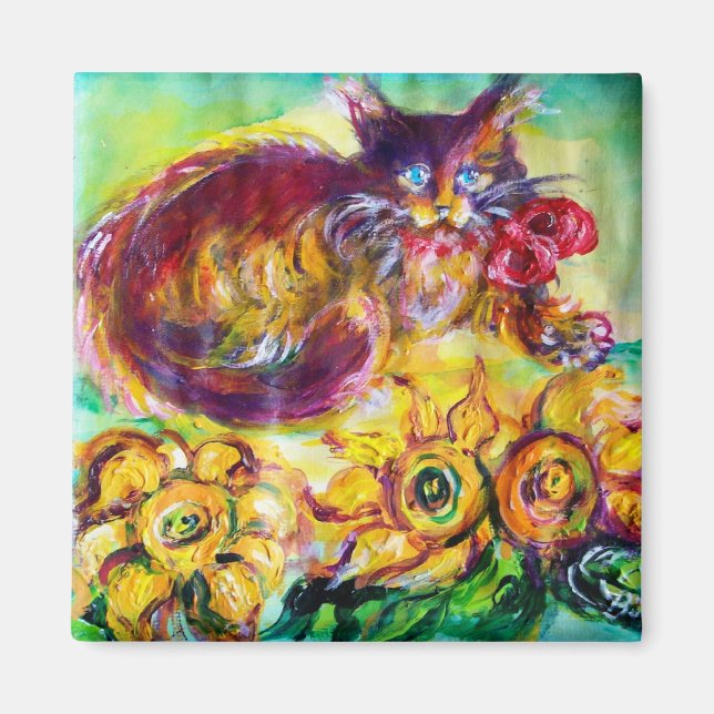 KATZE MIT ROTEN RIBBON UND SONNENBLUMEN MAGNET (Vorne)