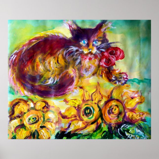 KATZE MIT ROTEN RIBBON UND SONNENBLUMEN POSTER (Vorne)