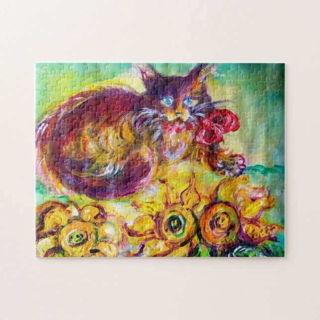 KATZE MIT ROTEN RIBBON UND SONNENBLUMEN PUZZLE (Horizontal)