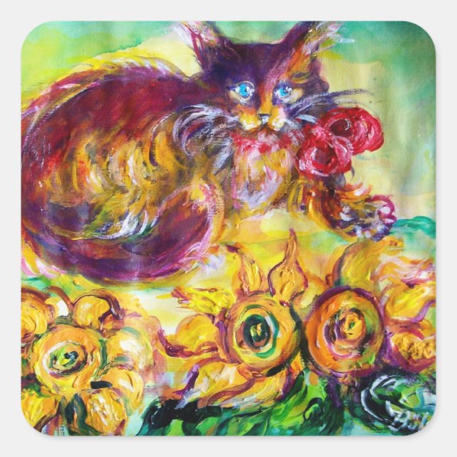 KATZE MIT ROTEN RIBBON UND SONNENBLUMEN QUADRATISCHER AUFKLEBER (Vorderseite)