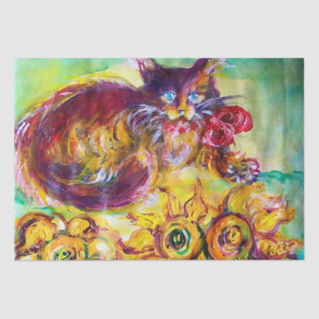 KATZE MIT ROTEN RIBBON UND SONNENBLUMEN SEIDENPAPIER (Vorderseite)
