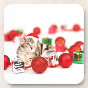 Katze mit roter Weihnachtsmannmütze als Weihnachts Getränkeuntersetzer