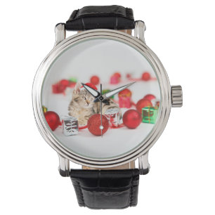 Katze mit roter Weihnachtsmannmütze Weihnachtsbaum Armbanduhr