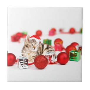 Katze mit roter Weihnachtsmannmütze Weihnachtsbaum Fliese
