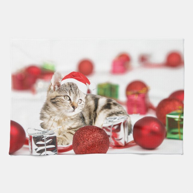 Katze mit roter Weihnachtsmannmütze Weihnachtsschm Geschirrtuch (Horizontal)