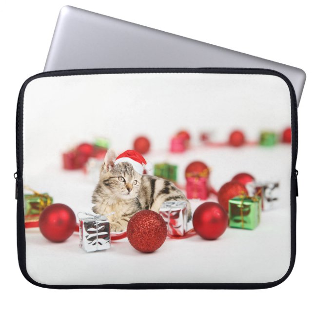 Katze mit roter Weihnachtsmannmütze Weihnachtsschm Laptopschutzhülle (Vorderseite)
