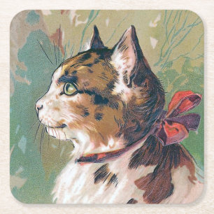 Katze mit rotes Band-Vintager Illustration Rechteckiger Pappuntersetzer
