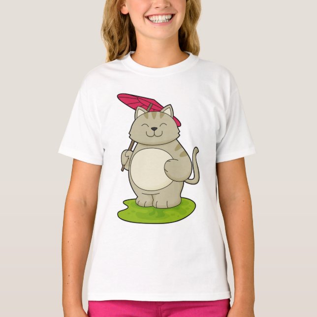 Katze mit Schirm T-Shirt (Vorderseite)