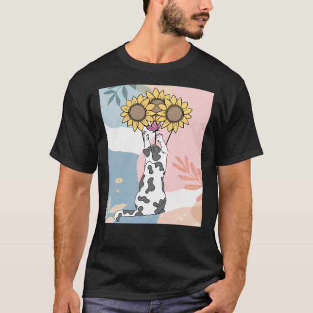 Katze mit Schmetterling und Sonnenblumen T-Shirt (Vorderseite)