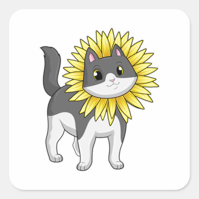 Katze mit Sonnenblume Quadratischer Aufkleber (Vorderseite)