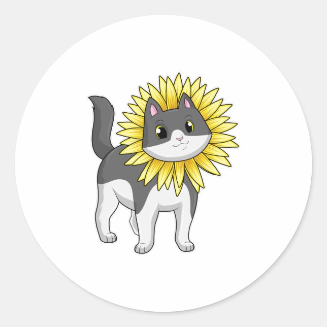 Katze mit Sonnenblume Runder Aufkleber (Vorderseite)