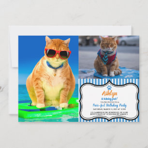 Katze mit Sonnenbrille, die im Ozean surfen Einladung