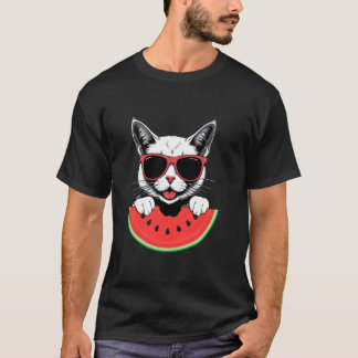 Katze mit Sonnenbrille isst Wassermelone Sommerfer T-Shirt