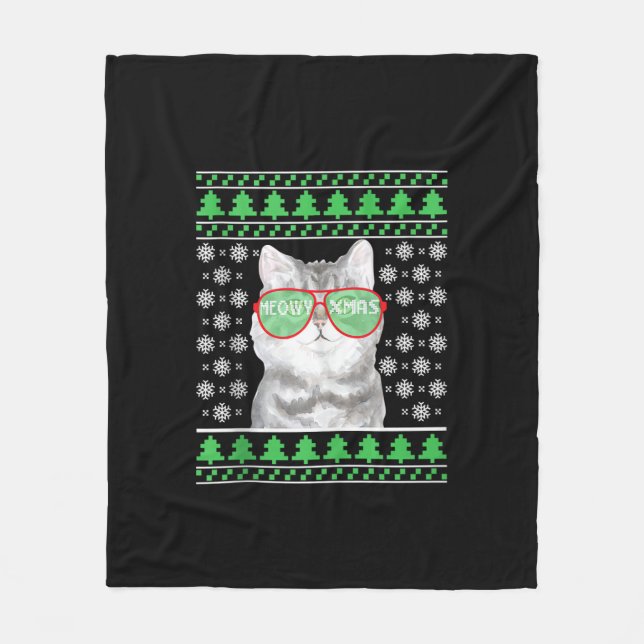 Katze mit Sonnenbrille Meowy Ugly Weihnachtskraut Fleecedecke (Vorderseite)