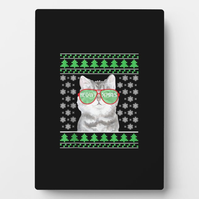 Katze mit Sonnenbrille Meowy Ugly Weihnachtskraut Fotoplatte (Vorderseite)