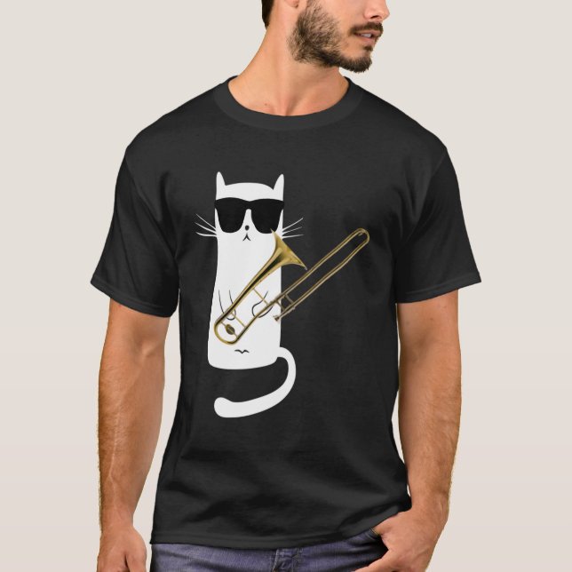 Katze mit Sonnenbrille spielen Trombone T-Shirt (Vorderseite)