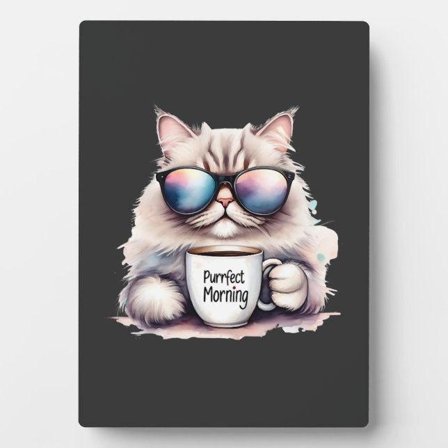 Katze mit Sonnenbrille und Kaffeetasse Fotoplatte (Vorderseite)