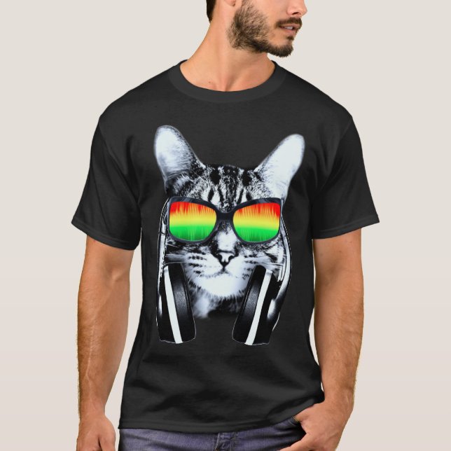 Katze mit Sonnenbrille und Kopfhörer T-Shirt (Vorderseite)