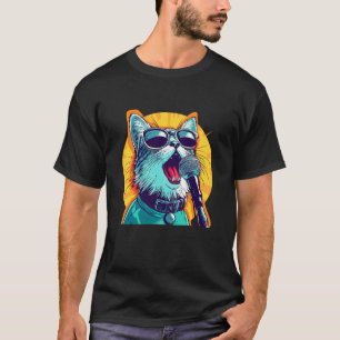 Katze mit Sonnenbrille und Mikrofon für Karaoke-Fr T-Shirt