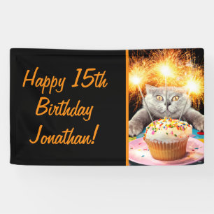 Katze mit Sparklerkuchen Banner