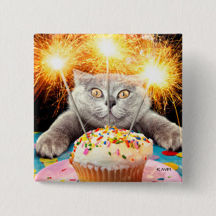 Katze mit Sparklerkuchen Button
