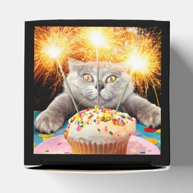 Katze mit Sparklerkuchen Geschenkschachtel (Oben)