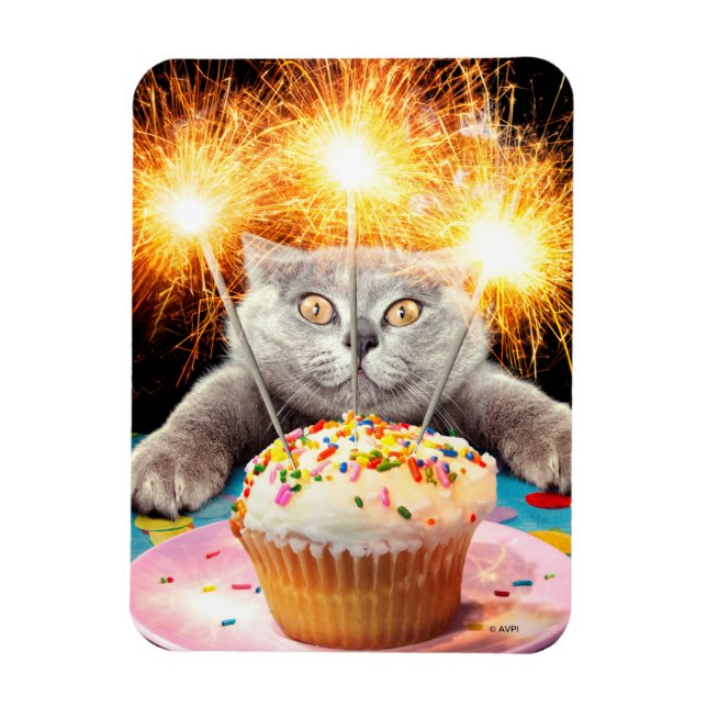 Katze mit Sparklerkuchen Magnet (Vertikal)