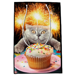 Katze mit Sparklerkuchen Mittlere Geschenktüte