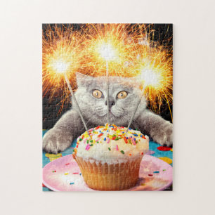 Katze mit Sparklerkuchen Puzzle