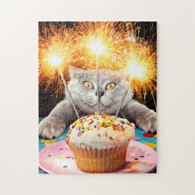 Katze mit Sparklerkuchen Puzzle (Vertikal)