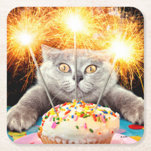 Katze mit Sparklerkuchen Rechteckiger Pappuntersetzer