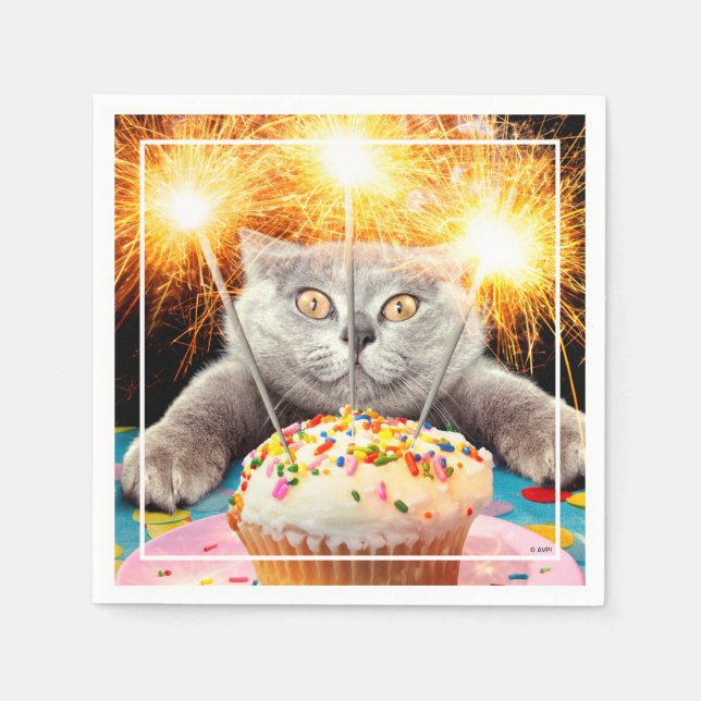 Katze mit Sparklerkuchen Serviette (Vorderseite)