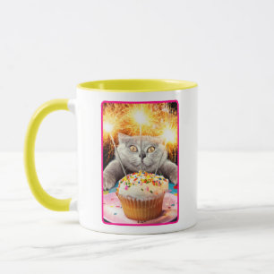 Katze mit Sparklerkuchen Tasse