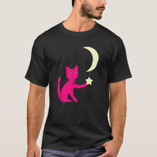 Katze mit Sternenaugen spielt mit Halbmond-Stern T-Shirt