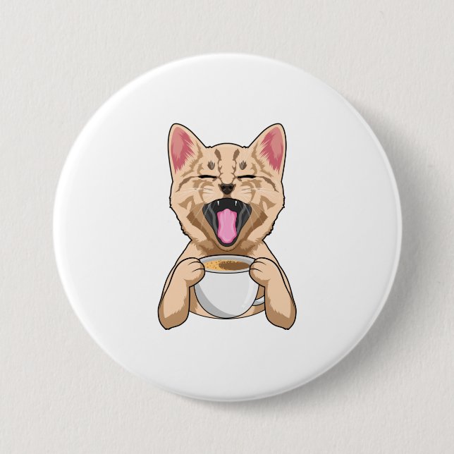 Katze mit Tasse Kaffee Button (Vorderseite)