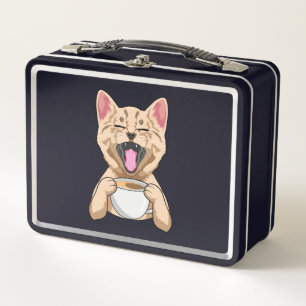 Katze mit Tasse Kaffee Metall Lunchbox
