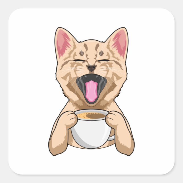 Katze mit Tasse Kaffee Quadratischer Aufkleber (Vorderseite)