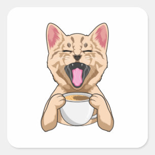 Katze mit Tasse Kaffee Quadratischer Aufkleber