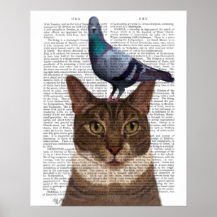 Katze mit Taube auf Kopf Poster