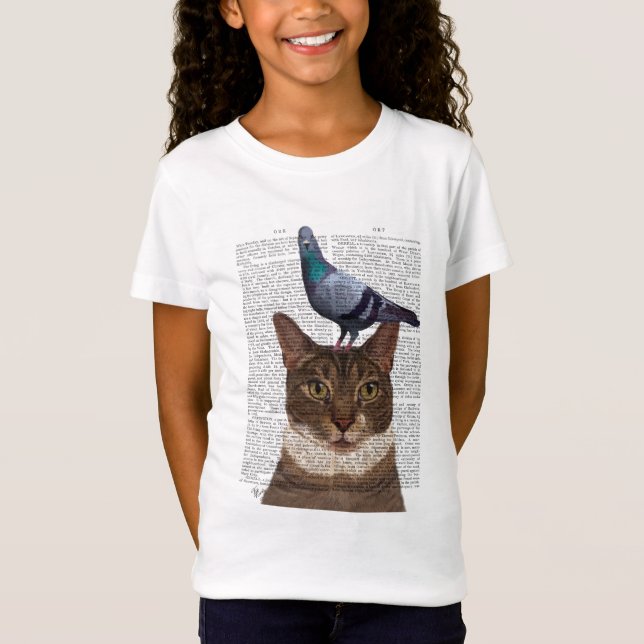 Katze mit Taube auf Kopf T-Shirt (Vorderseite)