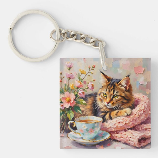 Katze mit Tee-Cup Schlüsselanhänger (Vorderseite)