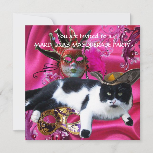 KATZE MIT TRICORHAT- UND MASQUERADE-PARTY EINLADUNG (Vorderseite)