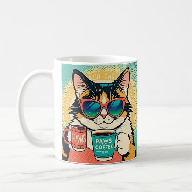 Katze mit überdimensionaler Sonnenbrille und einem Kaffeetasse (Links)