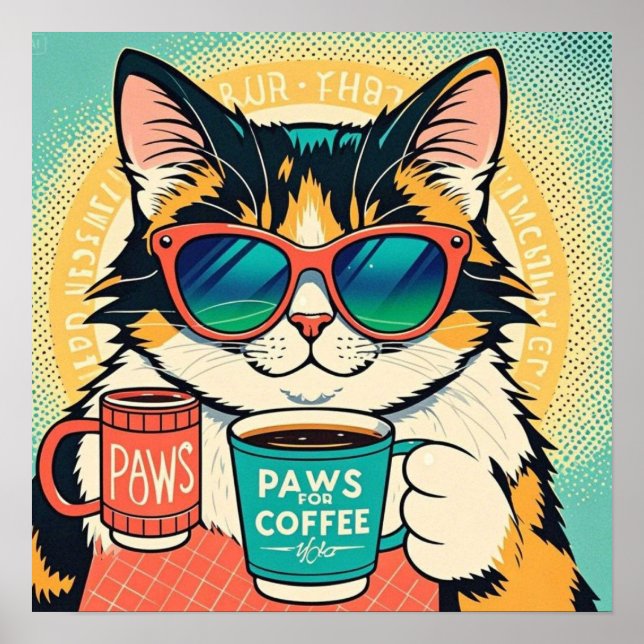 Katze mit übergroßer Sonnenbrille, eine Kaffeetass Poster (Vorne)