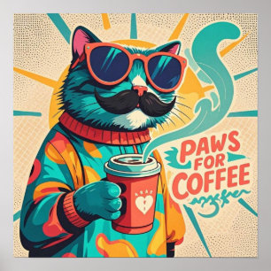 Katze mit übergroßer Sonnenbrille, eine Kaffeetass Poster