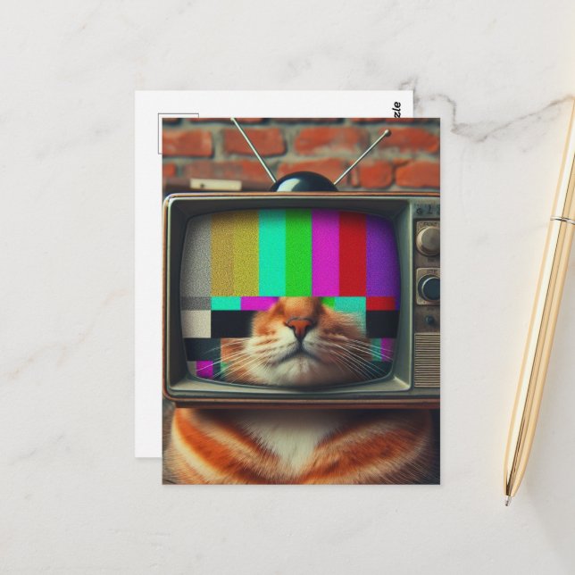 Katze mit Vintagem Fernseher Postkarte (Vorderseite/Rückseite Beispiel)